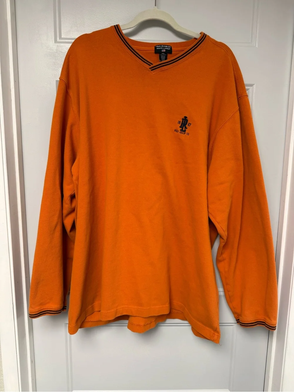Vintage Polo Jeans Co Ralph Lauren XXL Orange V-Neck Long Sleeve Shirt 1967